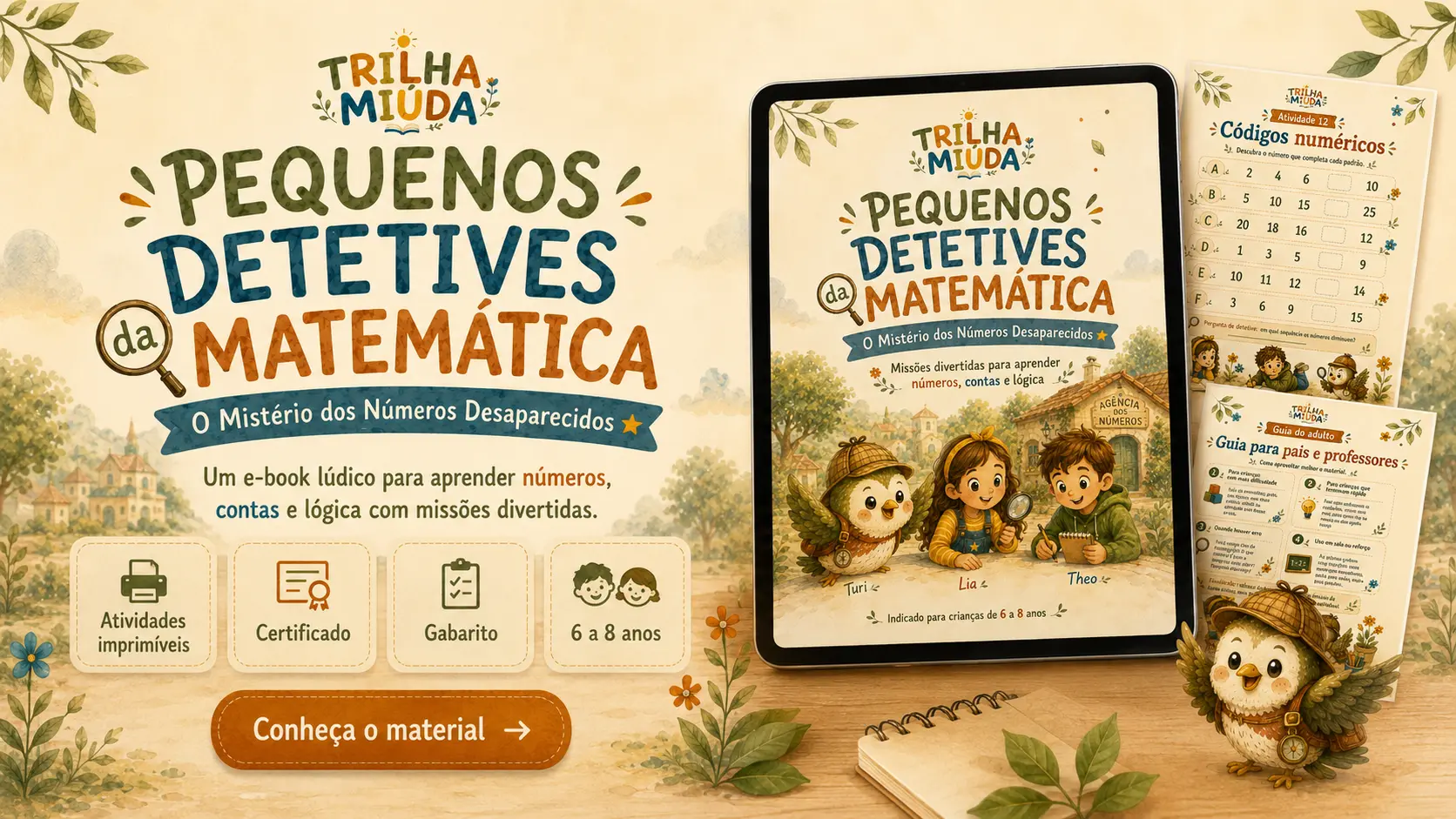 Composição do e-book com capa, atividade, guia para adultos e o personagem Turi
