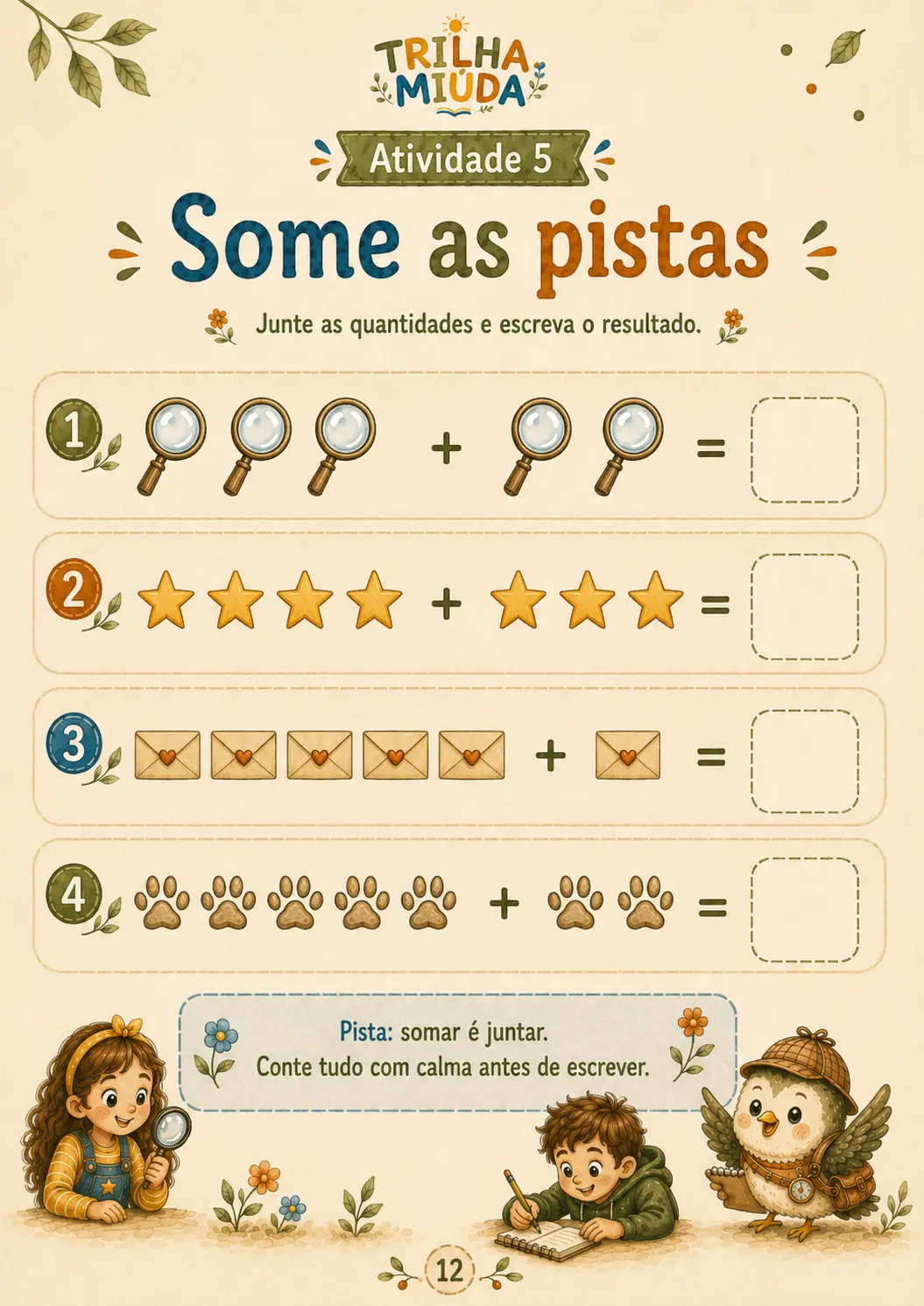 Atividade de soma com lupas, estrelas, cartas e pegadas