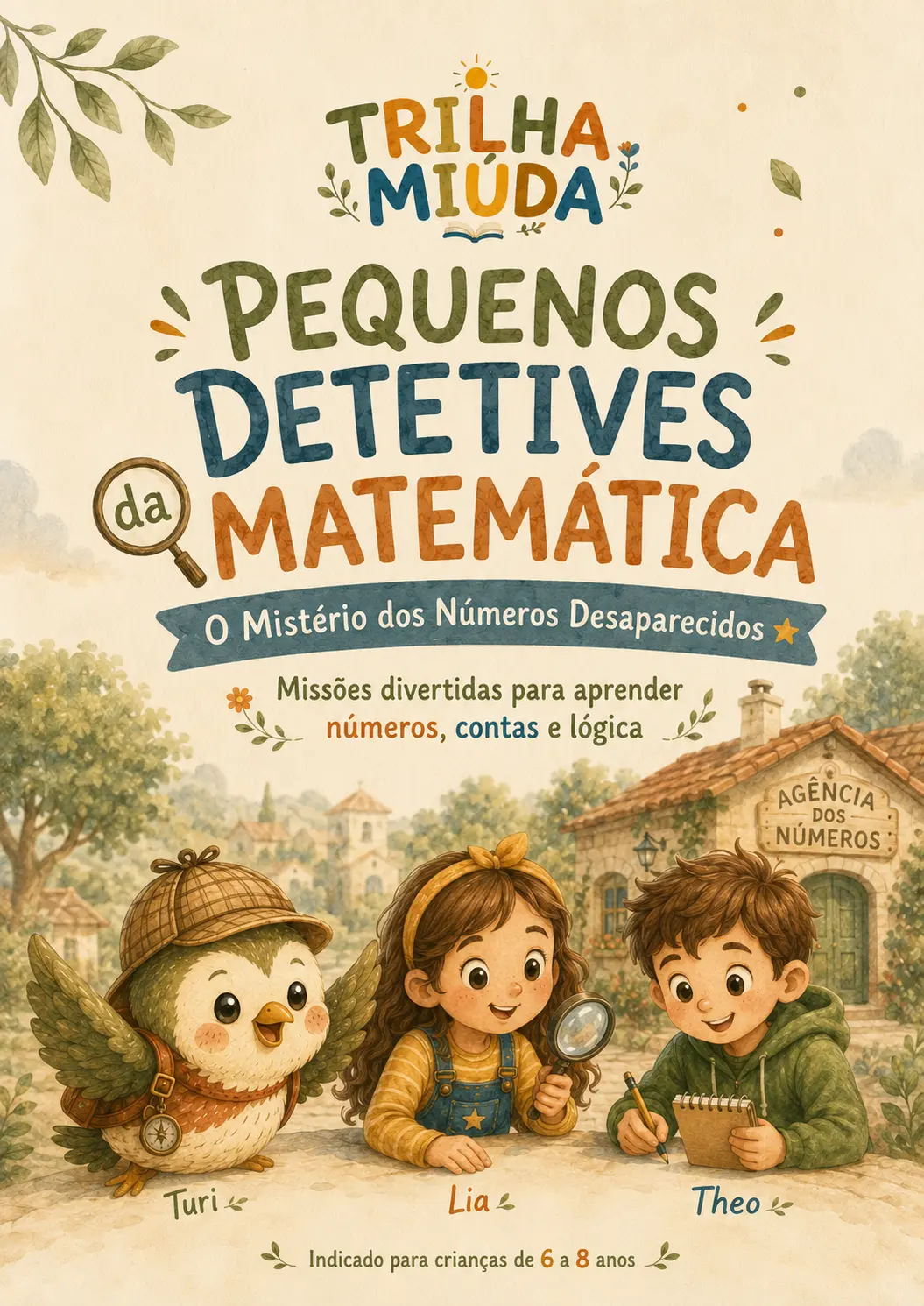 Capa interna de Pequenos Detetives da Matemática com Lia, Theo e Turi